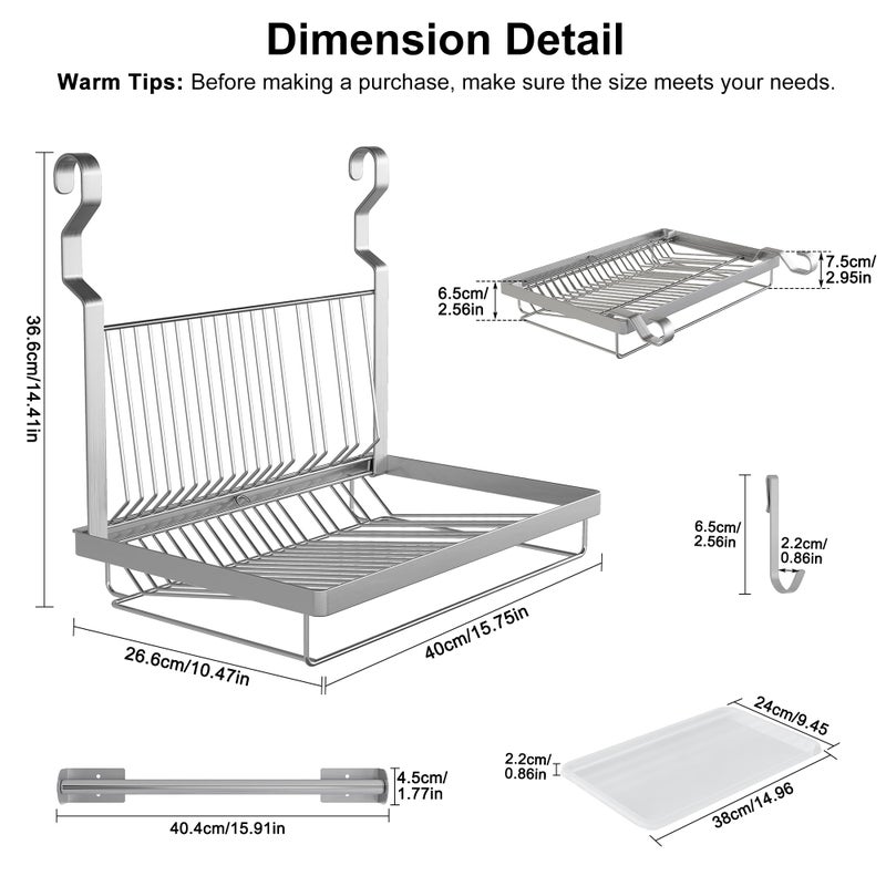 TQVAI Over Sink Dish Drainer Drying Rack, Stainless Steel Foldable Wall Mounted Dish Racks with Drainboard Hanging Rod and Sponge Holder, Silver - Image 3